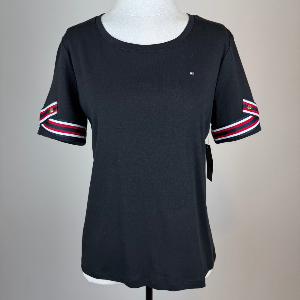 NWT Tommy Hilfiger Cotton Black Stripe Cuff Top Women Sz L Coastal Chic Nautical